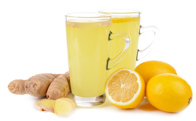 Healthy ginger tea with lemon and honey isolated on white