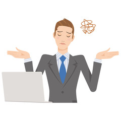 ビジネスマン　パソコン　男性　お手上げポーズ