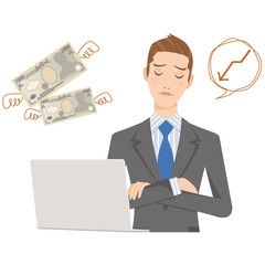 ビジネスマン　パソコン　男性　お金　予算　困る　悩む