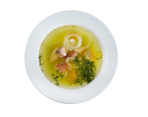 Ukha with sterlet , salmon .