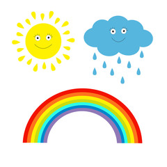 Cartoon sun, cloud with rain and rainbow set. Isolated. Children