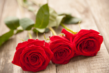 Red roses on wooden background