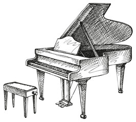 Vector drawing of open grand piano and stool for musician - obrazy, fototapety, plakaty