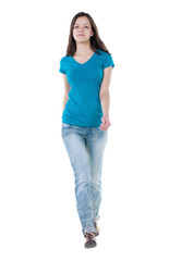 back view of walking  woman.