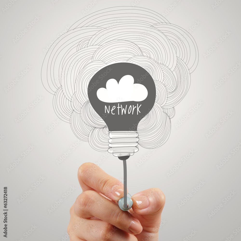 Poster hand drawing cloud network with light bulb doodle on the new com