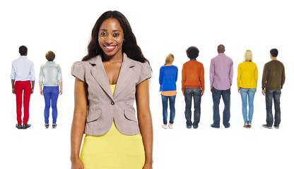 Obraz premium Back View of Multi-Ethnic People and a Cheerful Woman