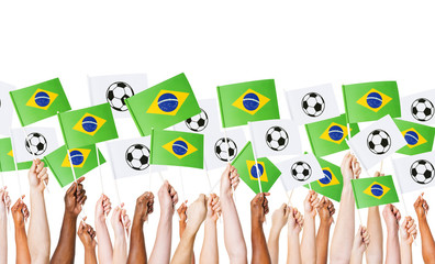 Raised Arms Holding Brazilian Flag and Banners