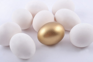 Golden egg and jast eggs on a white