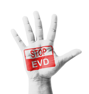 Open hand raised, Stop EVD (Ebola virus disease) sign painted