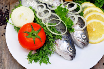 two rainbow trout with lemon and fresh vegetables