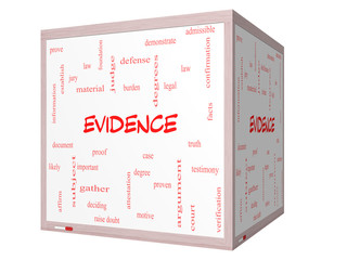Evidence Word Cloud Concept on a 3D cube Whiteboard