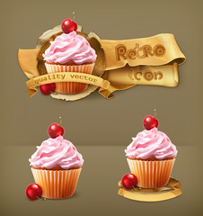 Cherry cupcake, retro vector icon