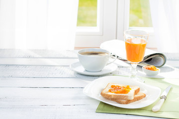Continental breakfast - coffee, orange juice, toast - obrazy, fototapety, plakaty