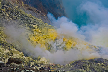 Open-cast sulfur mine, general view at Kawah Ijien volcano on Ja