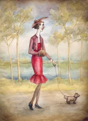 Crédence de cuisine en verre imprimé Visage aquarelle femme en robe avec un chien
