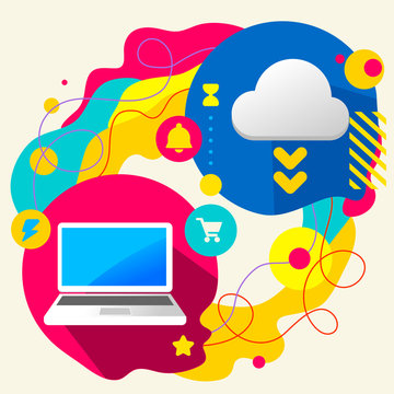 Laptop and cloud on abstract colorful splashes background with d