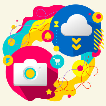 Photo camera and cloud on abstract colorful splashes background