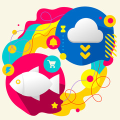 Fototapeta premium Fish and cloud on abstract colorful splashes background with dif