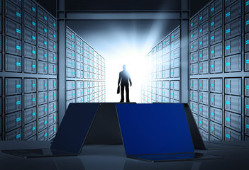 Fototapeta premium engeneer business man in 3d network server room as concept