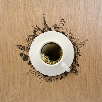 3d cup of coffee traveling around the world as concept