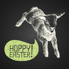 Easter hand-drawn jumping lamb with humorous phrase on chalkboar