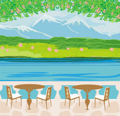 Vector landscape with mountains and cafe tables