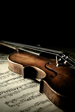 Old scratched violin in shadow