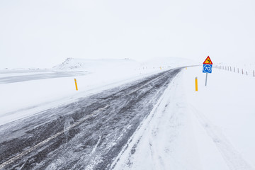 Winter drive through volcanic landscape