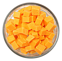 Diced Cheddar Cheese Squares in Bowl Over White