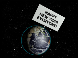 Message board on earth with the words 'Happy New Year Everyone'