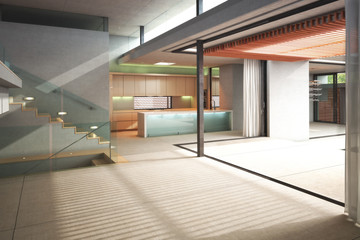 Multiple level empty interior of a residence with patio