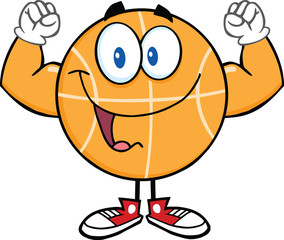 Happy Basketball Cartoon Character Showing Muscle Arms