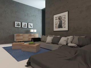 Modern living room interior with concrete walls