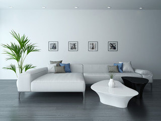 Living room interior with white couch and portraits on wall