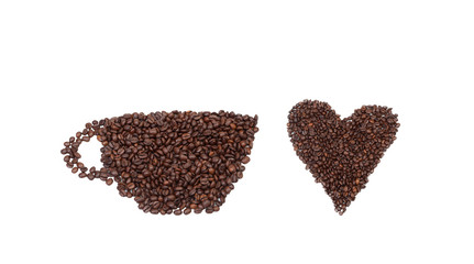 Coffee beans forming a heart and a cup of coffee