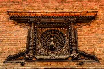 Outdoor-Kissen Detail of carved peacock window in Bhaktapur, Nepal © Martin M303