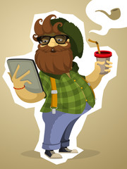 Paunchy bearded hipster with the tablet and drink