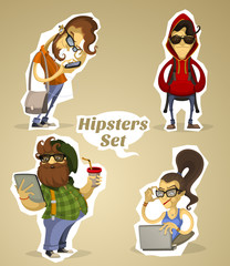 Set hipsters nerds with gadgets and without