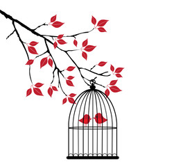 vector birds in cage in the tree