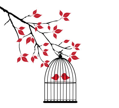 vector birds in cage in the tree