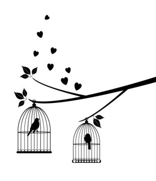 vector birds in cage in the tree with hearts