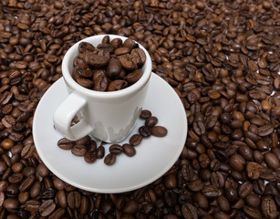 Cup with coffee beans on the background of the coffee beans