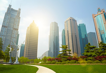 Shanghai park and  skyscrapers