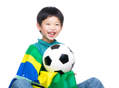 Asia Little Boy With Brazil Flag And Soccer Ball