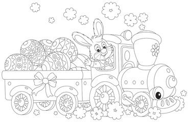 Obraz premium Bunny carries Ester eggs by train