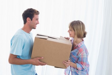 Fototapeta na wymiar Smiling couple carrying cardboard box in new house