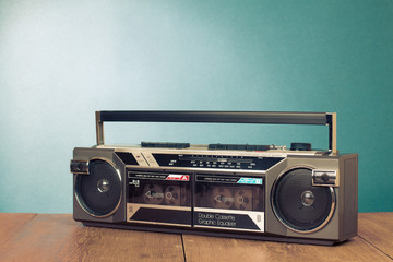 Retro double cassette tape recorder on table