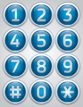Blue reflection glossy buttons with numbers, vector buttons set