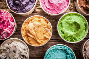 Array of different flavored colorful ice cream