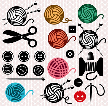 vector yarn balls and sewing equipment icons